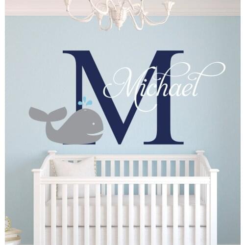 Customize Nautical Whale Baby Name Cute Elephant Wall Stickers For Boys Bedroom Kids Room Baby Wall Decals DIY Vinyl JW009A