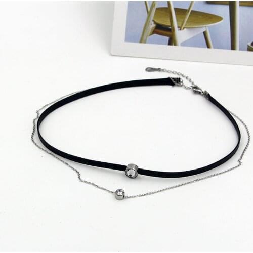 Punk Collar For Women Black Rope & Stainless Steel Link Chain Double Layers Choker Necklace Two Lines Zircon Pendant Necklace