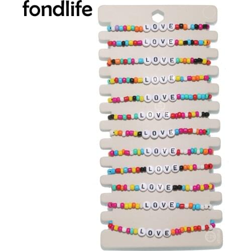 Rainbow Glass Seed Beads Letter Love Black Cord Braided Bracelet Women Kids 12pcs Wholesale Friendship Gift Simple Surf Jewelry