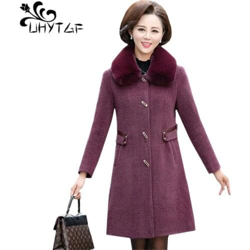 UHYTGF Women winter coats 5XL plus size jackets quality Mink Cashmere wool coat female fashion fur collar casual warm jacket 664