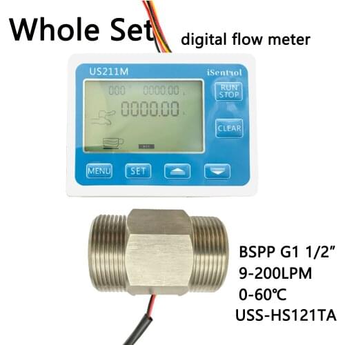 US211M Digital Flow Meter & USS-HS121TA Stainless Steel 304 Inox Hall Flow Sensor Measurement 9-200L/minBSPP G1 1/2" Dijiang