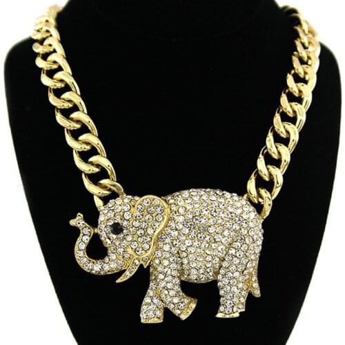 Hip Hop Full Rhinestone Elephant Pendant Necklace With Iced Out Cuban Chain Short Choker Fashion Punk Jewelry Gift