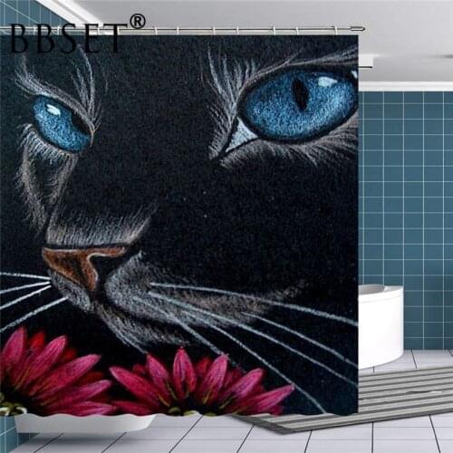 Animals Shower Curtain A Melancholy Black Cat with Blue Eyes Pattern Waterproof Multi-size Douchegordijn Bathroom Decor