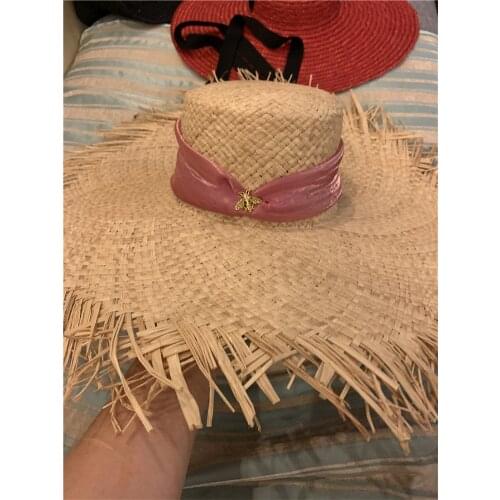 202107-hexin new summer handmade raffia grass rose ribbon bee big brim beach sunshade holiday lady sun cap women leisure hat