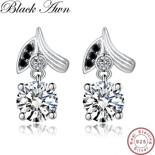 [BLACK AWN] Cute 100% 2g 925 Sterling Silver Fine Jewelry Black Spinel Wedding Earrings for Women Female Flower Earrings T153