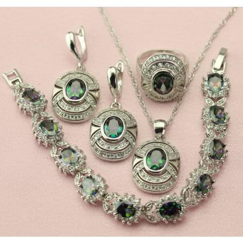 WPAITKYS Trendy Multicolor Cubic Zirconia Silver Color Jewelry Sets For Women Drop Earrings Bracelet Pendant Ring Free Gift Box