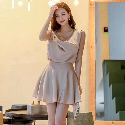 New arrival fashion beach set women summer OL temperament casual sexy acetate sleeveless top and a-line skirt two piece set