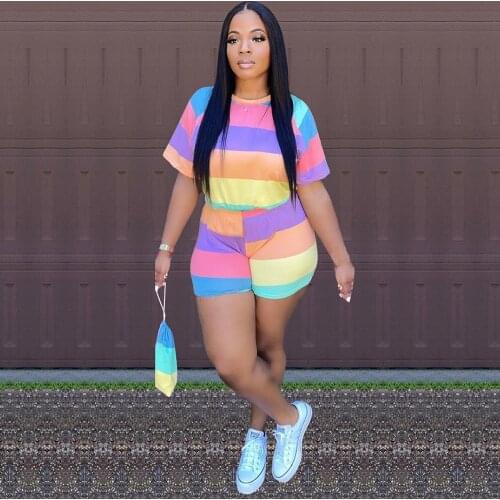 Rainbow Striped Print Two Piece Club Outfits Sweatsuit for Women Short Sleeve O-neck T-shirt and Biker Short Female Tracksuit