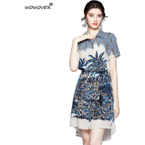 Summer Designer Fashion Runway Striped Print Casual Asymmetrical Shirt Dress for Women Short Sleeve Loose Holiday Robe Femme