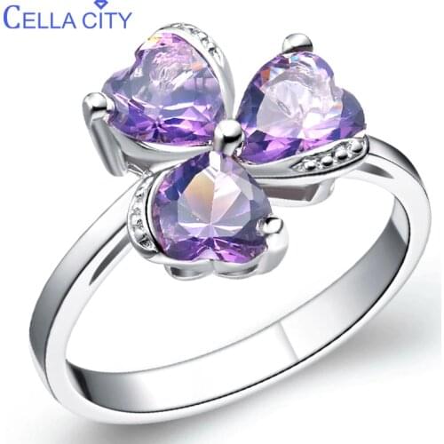 Cellacity Trendy Design Style Amethyst Ruby Aquamarine Ring for Women Silver 925 Jewelry Heart shaped Gemstones Clover Dating