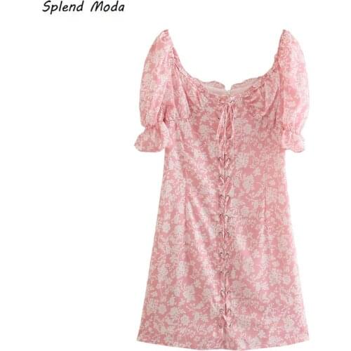 Splend Moda Floral Print Square Collar Dress 2021 Summer Women Folds Puff Sleeve Short Bandage Mini Dress Zipper Vestido Chic