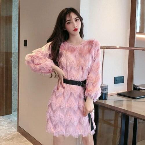 Womens tassel Dress Bow Belt Winter Autumn Long Sleeve High Waist Lady Bodycon Mini bandage Dresses Club Vestido Female LS252