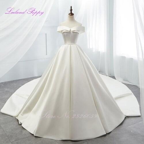 Lceland Poppy A-line Boat Neck Satin Wedding Dresses 2021 Off the Shoulder Vestido de novia Bridal Gowns Cathedral Train