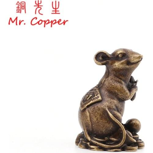 Antique Brass Lucky Blessing Rat Figurines Ornaments Chinese 12 Zodiac Mouse Home Furnishing Mascot Cute Rat Statue Desk Decor