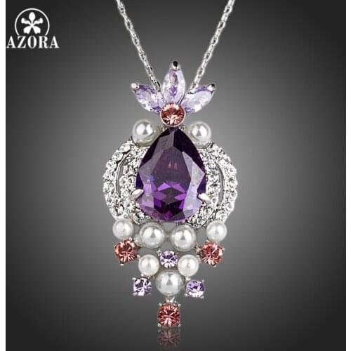 AZORA Lovely Fish With Purple Cubic Zirconia Imitation Pearl Pendant Necklace TN0132