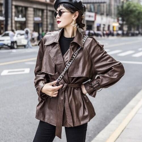 Women Autumn Spring Slim High Street Faux Leather Blazer Female Fall Adjust Belt PU Jacket Office Lady Leather Coat Windbreaker