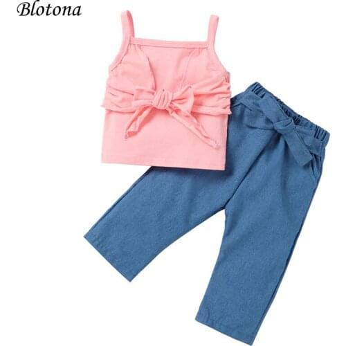 Blotona Stylish Toddler Baby Solid Color 2Pcs Set Little Girls Square Collar Sleeveless Sling Tops+ Elastic Long Pants Set 6M-4Y