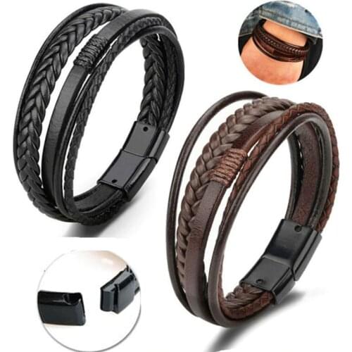 Bracelet for Men Multilayer Genuine Leather Bangles Magnetic Clasp Cowhide Braided Wrap Bracelet Armband pulsera hombre