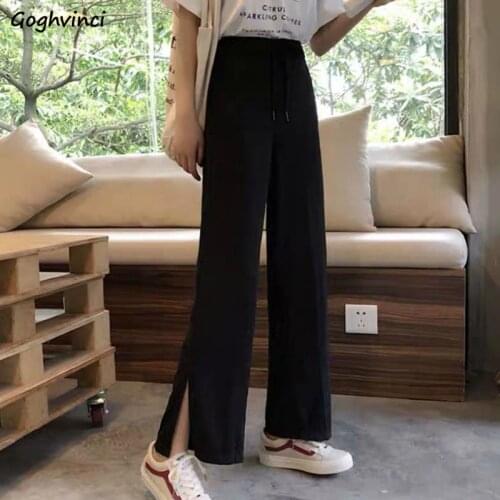 Casual Pants Women Leisure 2XL Drawstring Simple Side Slit OL Unisex All-match Womens Wide Leg Trousers Korean Style Chic New