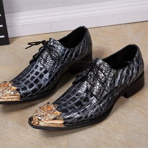 Christia Bella Golden Metal Carved Pointed Toe Plus Size Male Snake Skin Pattern Genuine Leather Oxfords Shoes Mens Party Shoes