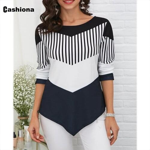 Cashiona Plus Size Ladies Elegant Leisure Casual T-shirt Irregular Patchwork Womens Top 2021 Autumn Long Sleeve Tee shirt Femme