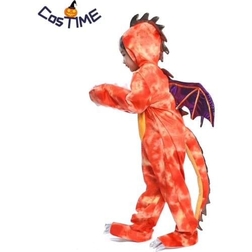 Kids Fire Dragon Costume Child Medieval Red Dinosaur Jumpsuit Halloween Party Fancy Dress Charizard Cosplay Costume