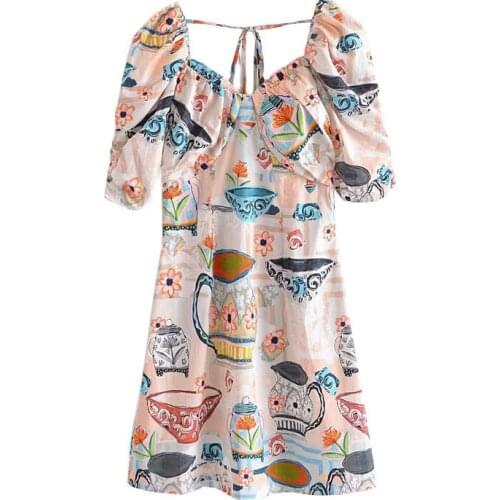 DOUJILI Women Summer Printing Dress U-Neck Puff Sleeve Trendy Sweet Girl Ladies Long Elegant Dress
