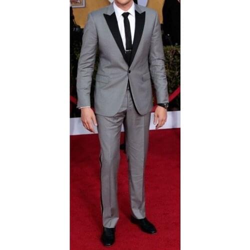 Custom Made Groomsmen Light Grey Groom Tuxedos Peak Black Lapel Men Suits Wedding/Prom Best Man Blazer ( Jacket+Pants+Tie ) C379