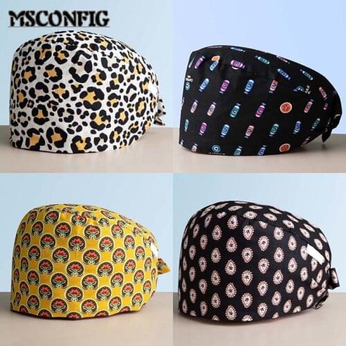 Pure Cotton Cute Cartoon Print Ladies Nurse Cap Adjustable Beauty Salon Nursing Cap Laboratory Pet Shop Fashion Scrub Cap