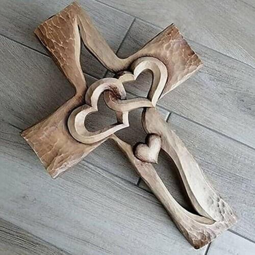Love cross antique wood carving interwoven heart-shaped exquisite cross home decoration ornaments