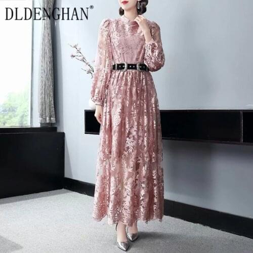 DLDENGHAN Fashion Runway Designer Autumn Mesh Dress Women Stand Collar Lantern Sleeve Floral Embroidery Vintage Long Dresses