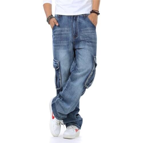 Mens Japanese style straight jeans loose side pocket motorcycle jeans blue loose new style 2021