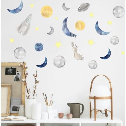Hand-Painted Moon Rabbit Wall Stickers for Baby Kids rooms Decoration Removable Star Decals Home Decor Wallpapers DIY Art Murals