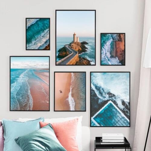 Wall Art Canvas Painting Nordic Posters and Prints Sea Beach Lighthouse Wave Landscape Wall Pictures for Living Room Home Decor