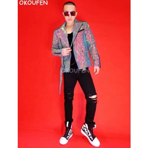 NightClub Male Singer DJ cool colorful Motorcycle leather jackets costumes Party stage show performance coat