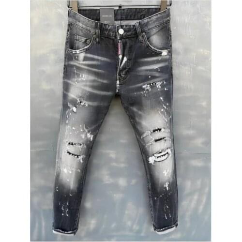 New DSQ2 Mens Skinny Jeans With Ripped Holes And elastic Paint Spray Black Stitching Beggar Pants 012
