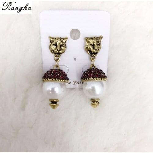 New Vintage Crystal Leopard Stud Earrings for Women Fashion jewelry Pearl earrings Pendant Antique gold brincos Female Bijoux