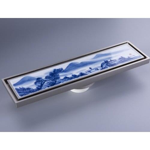 Solid brass 300*82mm bathroom floor drain Anti-Odor shower drainer blue and white porcelain Art