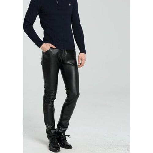 Straight high waist fashion motorcycle leather pants men faux leather trousers high quality black thermal plus velvet thicken