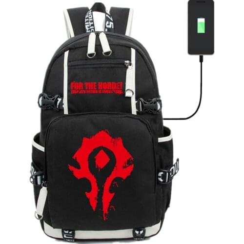 Game World of Horde Backpack Book Bags USB Port Bags Laptop School Travel Girls Boys Rucksack Gift