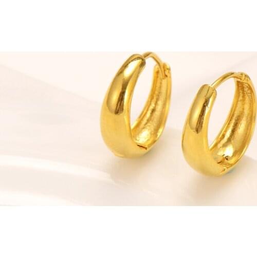 24kt Yellow Solid Fine Gold GF Over Hoop Medium Simple Everyday Wear Earrings For Women 1 Pair