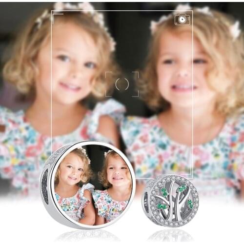 ELESHE Real 925 Sterling Silver Green CZ Family Tree Round Bead Custom Photo Charm Fit Original Bracelet Women DIY Jewelry Gift