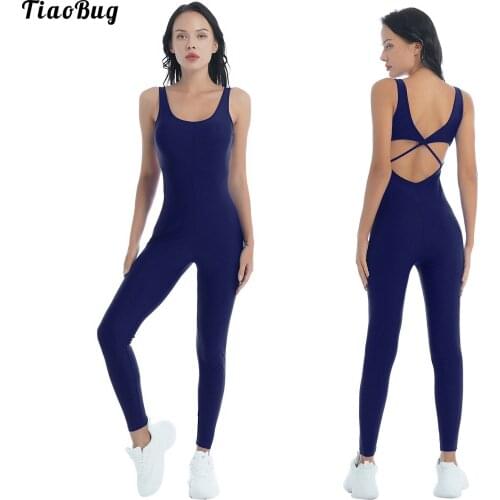 TiaoBug Women Summer Yoga Jumpsuit U Neck Sleeveless Pads Open Back Straps Cross At Rear High Waist Pants Fitness Gym Bodysuit