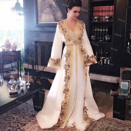 Traditional White Kaftan Morrocan Evening Dress 2021 With Appliques Long Sleeve Arabic Dubai Party Prom Dress robes de mariage