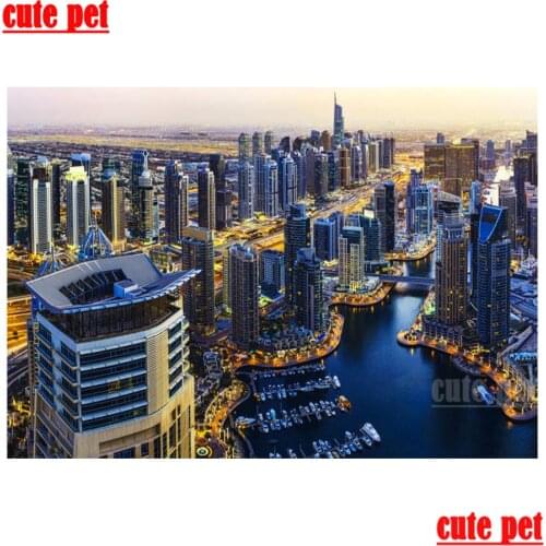 Cute pet 5d cross stitch diy Dubai Marina Mosaic diamond embroidery all drill square drill wallpaper living room decoration
