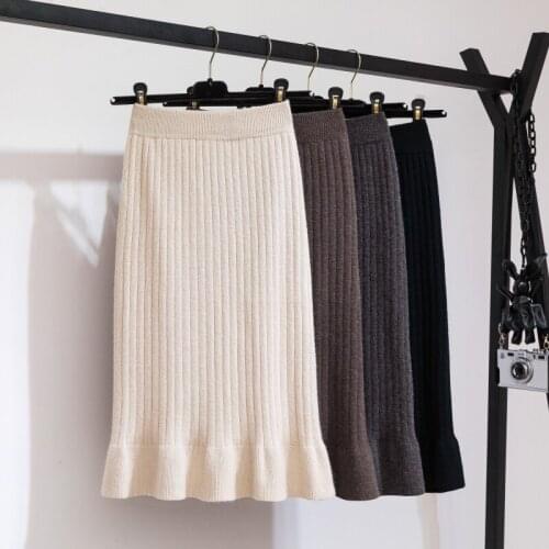 Skirts Womens Winter Knitted Skirt Ruffle Ladies Women Elegant Pencil Midi Skirt High Waist Jupe Femme Falda Mujer Gonna Rokken