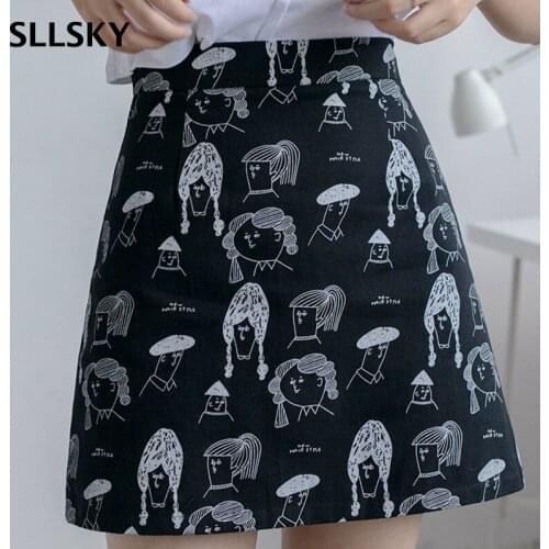 SLLSKY Casual Retro Cartoon printing Skirt Women Summer New High Waist Mini Skirt Fashion Hip Wap Skinny Female Zipper Skirts