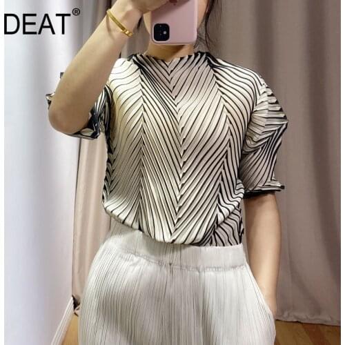 DEAT 2021 Pleated Tshirt Women Short Sleeve Solid Short Slim Elegant Casual Metallic Luster New Autumn Fashion Trend AR097