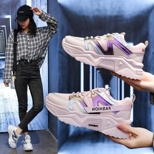 Womens sports shoes, thick-soled shoes, mesh casual running shoes, student low-top breathable flat shoes, vulcanized shoes