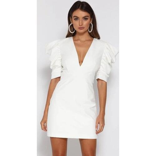 Womens fashion white dress 2021 sexy open back V-neck buttoned princess sleeve dress bodycon slim night club party mini dresses